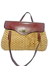 Vintage Handbag Woven Straw Rattan Leather Satchel 60s70s Cottagecore