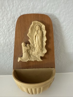 Vintage MCM Lourdes Wood & Celluloid Catholic Holy Water Font Holder Italy