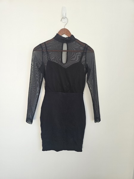 Kookai Black Mesh Bodycon Mini Dress Size 1 AU 8 Sheer Long Sleeve Party