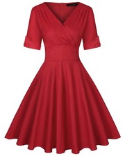 Women's 1950s Wrap V-Neck Vintage Swing Dress Rockabilly ? Red XL