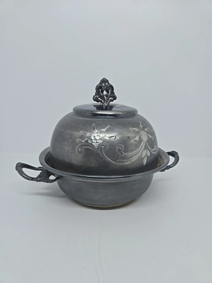 Antiguo plato de mantequilla grabado cuádruple plateado Victorian Empire Mfg Co. años 1800 Foto 3 de 4