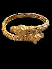 RARE VTG Camrose & Kross JBK Gold Panther Heads Bangle Bracelet W Size Extender