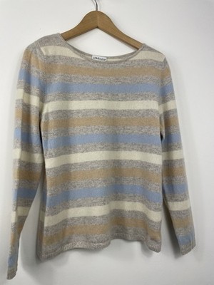  Cashmere  Jaeger women s Jumper Size L Grey Blue Beige Stripe Pre-loved VGC