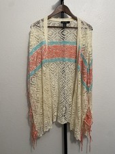 Women's Crochet Lace Fringe Duster Cardigan L Festival Boho Coastal Southwestern