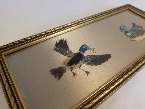 Vintage Pair Of Ducks Feather Relief Detail Picture Artworks Framed Asian Signed - Picture 6 of 10