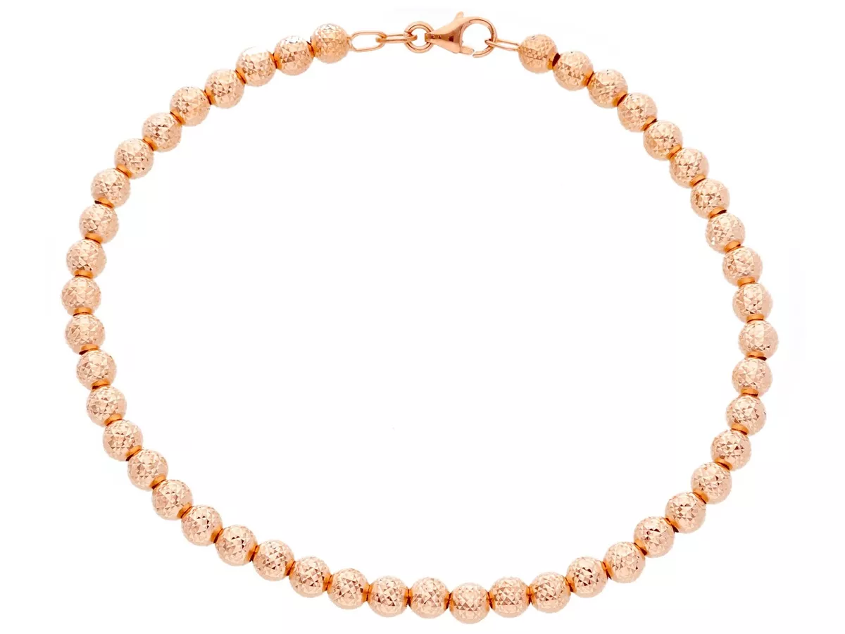 18K ROSE GOLD BRACELET 19cm WORKED SPHERES 4mm DIAMOND CUT BALLS