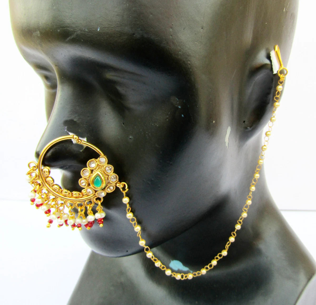 Indian Ethnic Bridal Gold Tone Nathni Nose Ring Nath Pearl Chain