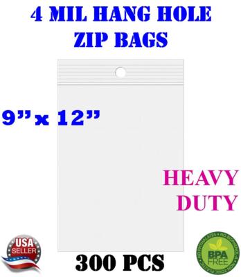 300 - 9'' x 12'' Zip Seal Reclosable 4Mil Top Lock Bags Hang Hole Heavy Duty