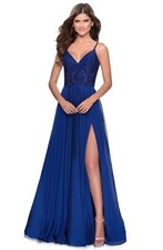 La Femme Marine Blue Beaded Rhinestone Lace Chiffon High Slit Dress Size 00 358