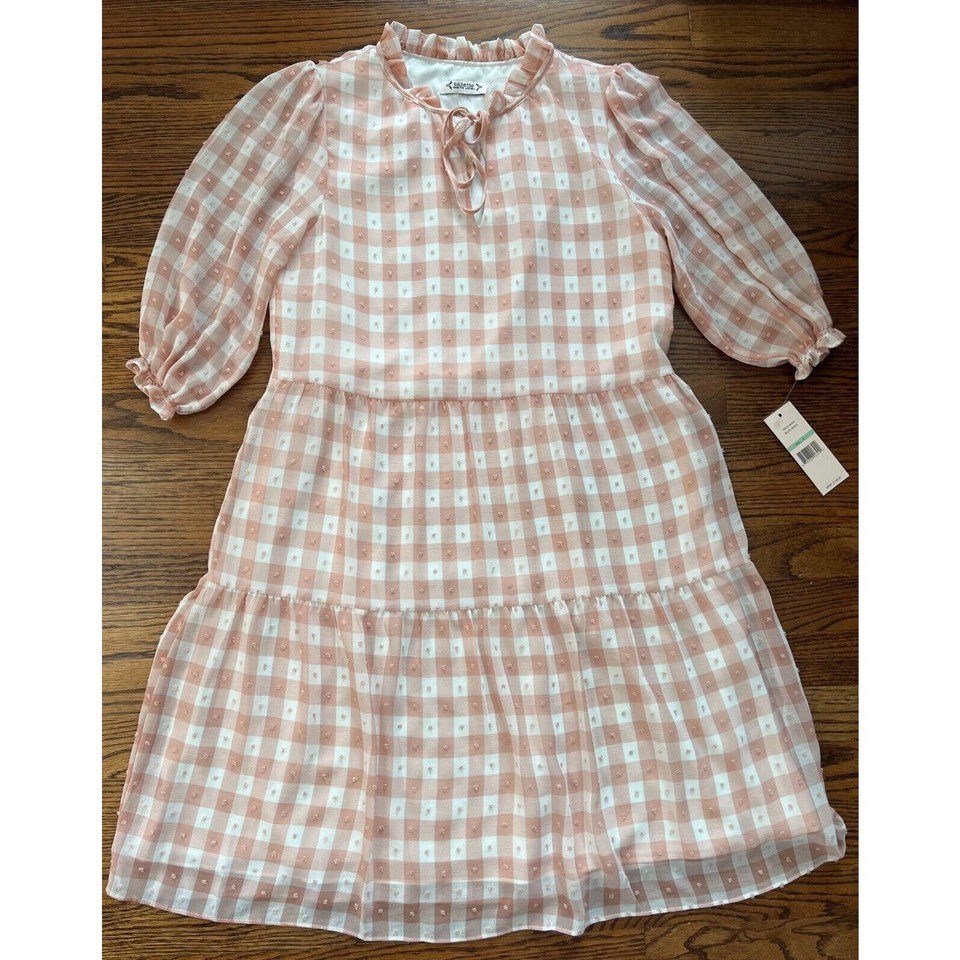 Lepore Tiered Gingham Dress Blush White NM2S16HA4 Size 8 128