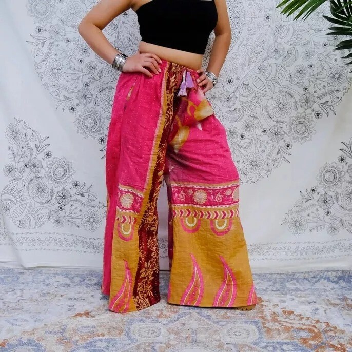 5 Pcs Vintage Kantha Handmade Wide Leg Hippie Boho Gypsy Palazzo Pants Trouser image 3