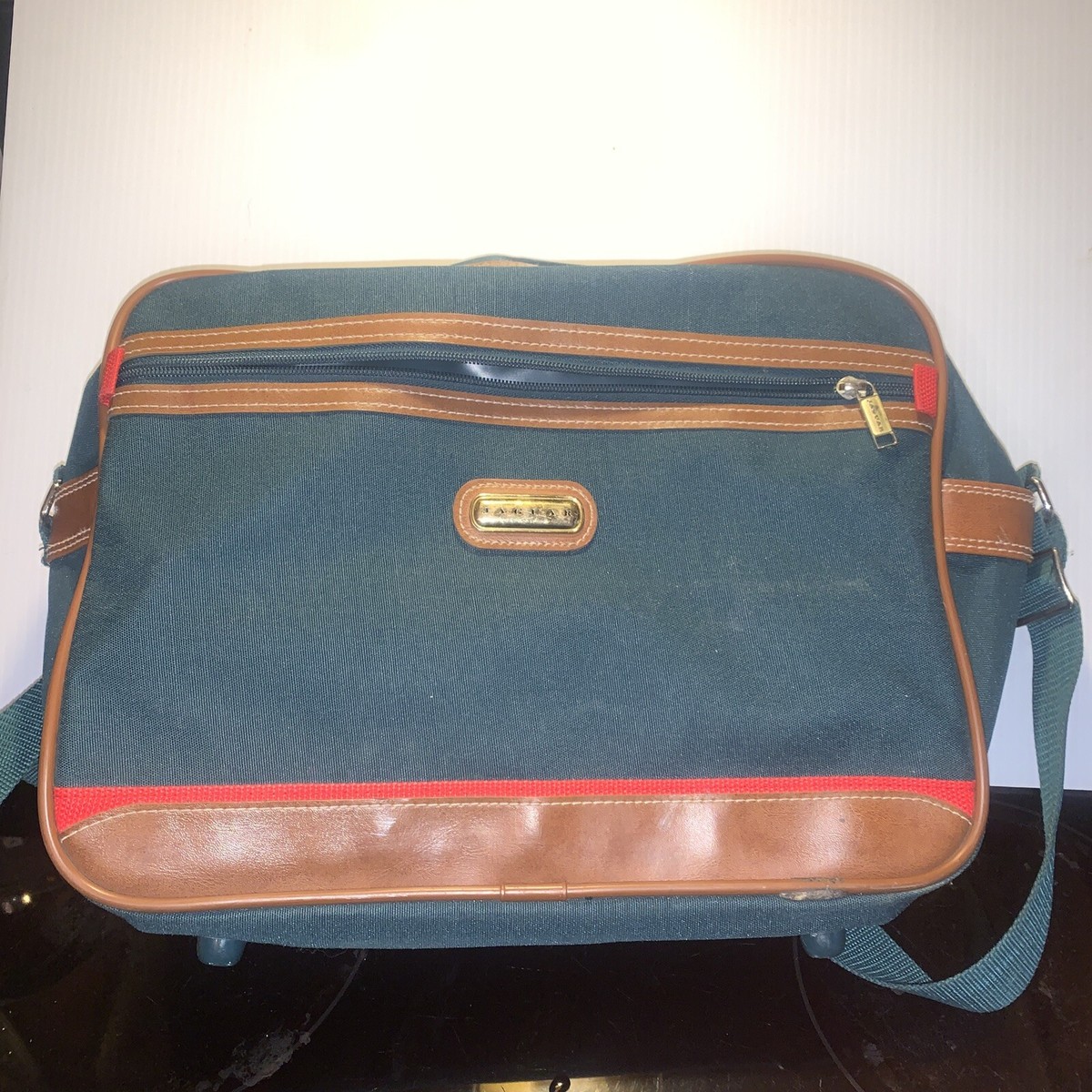 Jaguar luggage vintage carrying bag green canvas brown leather