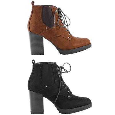 Scarpe Donna con Tacco Largo Stivali Stringati in Camoscio Neri