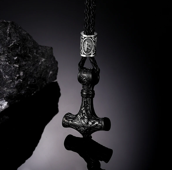 Nordische Halskette Thors Hammer Keltisch MjöLnir Vegvisir Wikinger Schwarz 60Cm-image