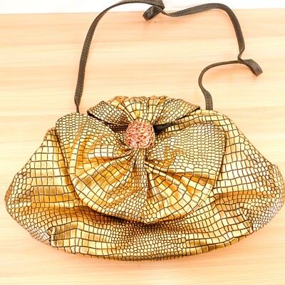 VINTAGE Gold Bag Crossbody Croco Sling Embossed Purse Seashell PVC Metallic USA