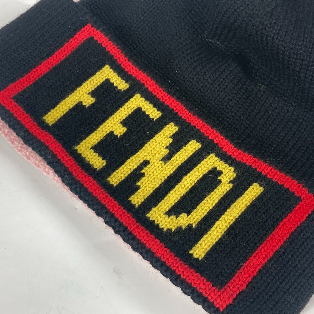 FENDI FXQ056 beanie hat knit cap logo With pompoms Knit hat wool Black/pink Fendi | Accessories | Fendi Fxq56 Beanie Hat Knit Cap Logo  main image 4