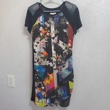 Trina Turk Dress Women M Black Floral Viscose Mesh Short Sleeve T Shirt Stretch