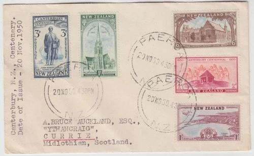 NEW ZEALAND 1950 *CANTERBURY CENTENARY* set of 5 on FDC *PAEROA-CURRIE SCOTLAND*