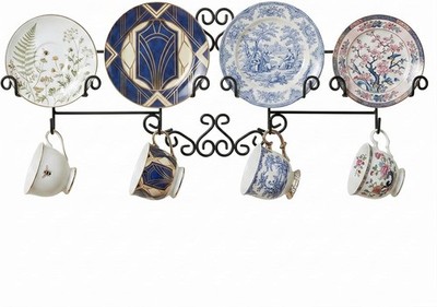 Vintage Scrollwork Black Metal Wire Tea Coffee Cup and Saucer Set Rack, Wall