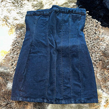 Zara Womens L Dark Wash Denim Strapless Corset Bodycon Mini Dress Side Zip