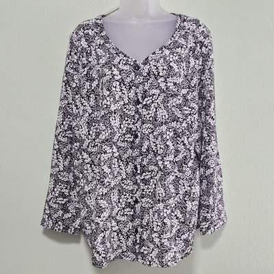 CJ BANKS Women s Tunic Blouse Sz 1X Black White Leaf Print Buttoned Down V Neck