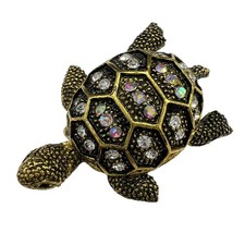 AB Rhinestone Sea Turtle Brooch Pendant Textured Gold Tone Figural Pin 1 3/4"