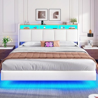 DICTAC White King Size Bed Frame with upholstered headboard 150x200cm, White