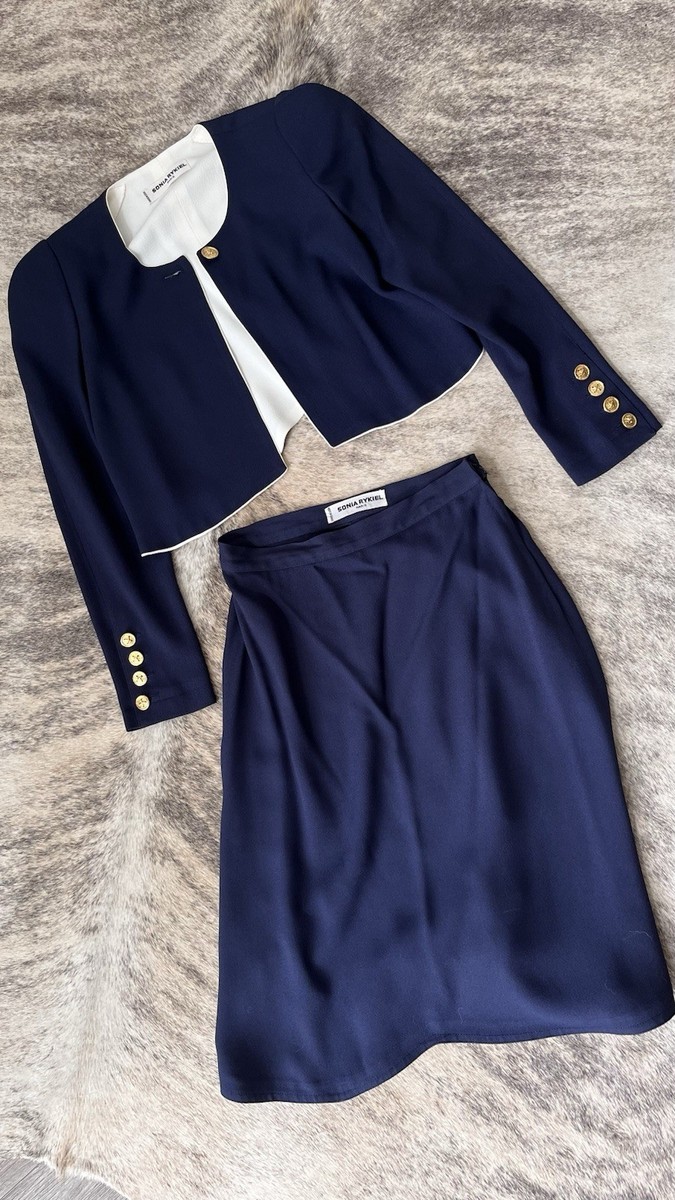 Sonia Rykiel Skirt Suit Set Navy Blue/white SZ38 Made In France