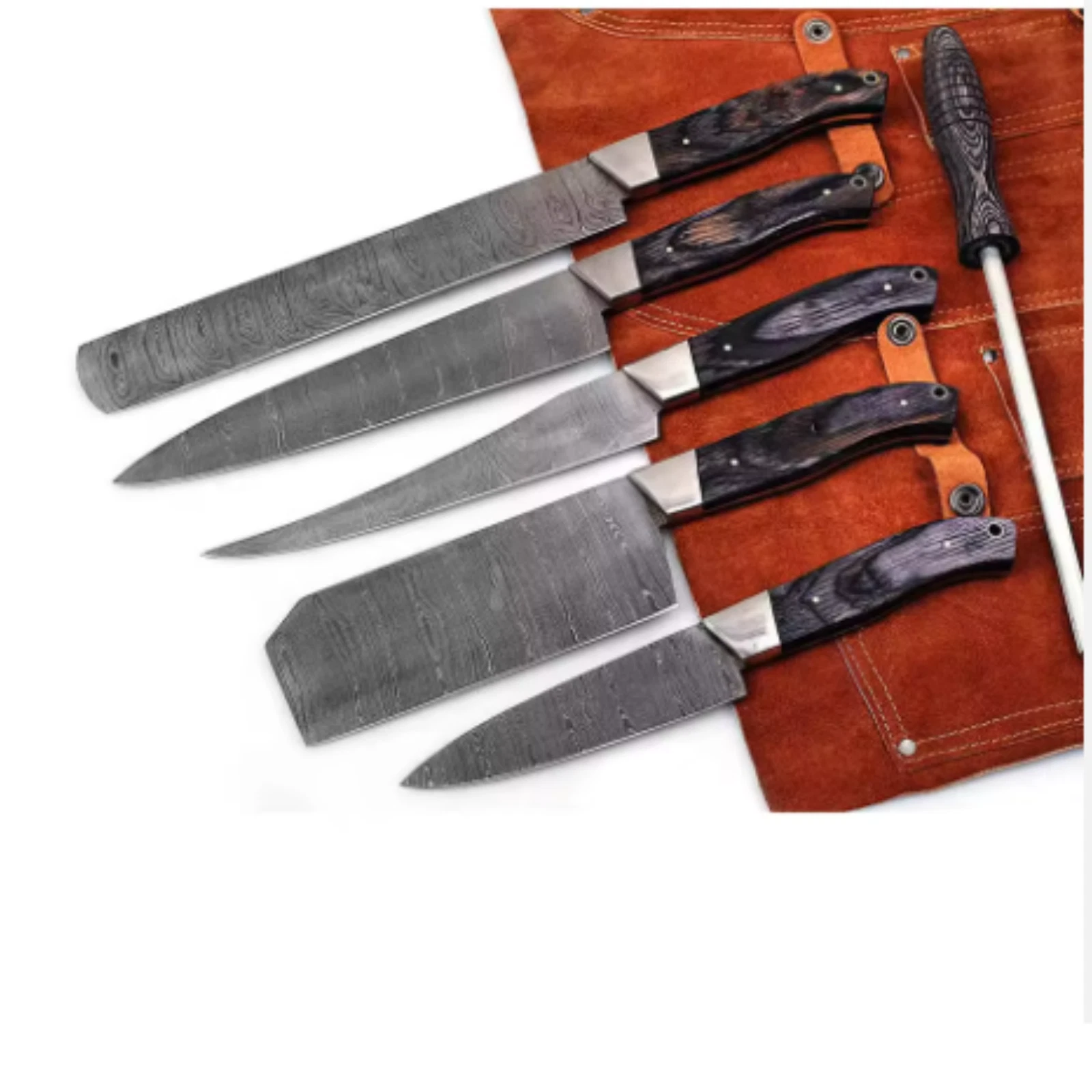 Handmade 6 Damascus Steel BBQ Kitchen Chef knife set with leather roll sheath