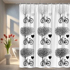 Black and White Bicycle Shower Curtain with Heart Tree Design