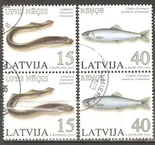 Latvia: full set of 2 used stamps in pairs, Fish, 2005, Mi#639-40