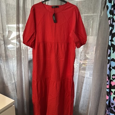 ZANZEA - hellrotes schlichtes Puffärmel lässiges lockeres Baggy Sun Midikleid 4xl NEU