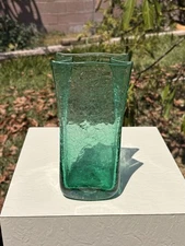 Mid 20th Century Blenko Emerald Crackled Tall Glass 8” Vase
