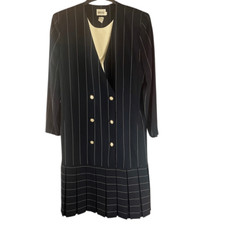 Vintage Leslie Fay Pin Stripe Double Breasted Drop Waist Pleated Skirt Dress Siz