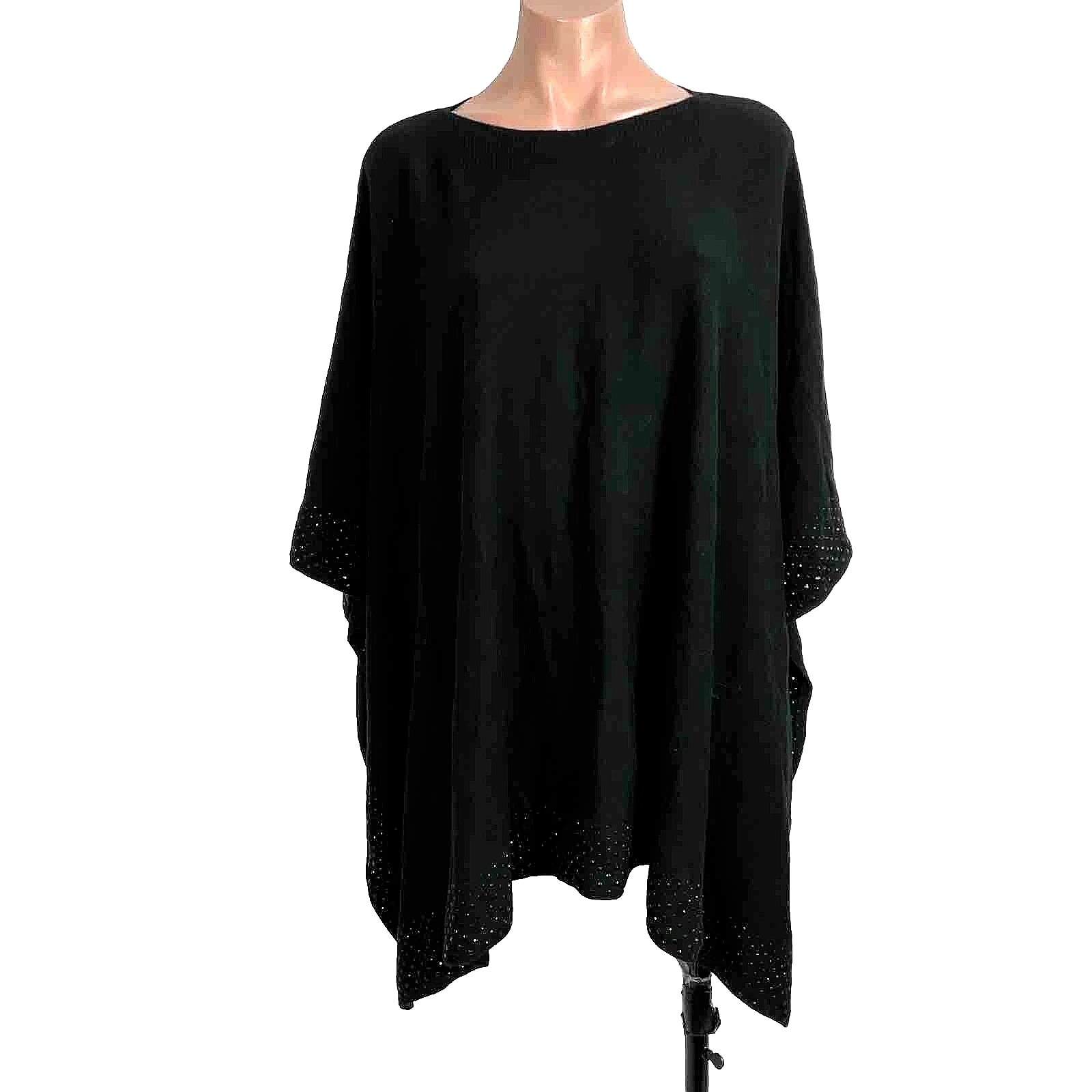 Black Embellished Slip Over Metallic Chico's Poncho Sweater Womens Size L/XL
