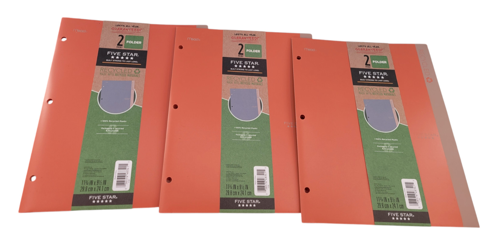 Lot of 3 Mead Five Star Plastic RECYCLED 2-Pocket Folders Zion Clay NEW