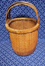 Antique Chinese Asian Bent Handle Rice Gathering Fisherman&rsquo;s Basket Lacquered