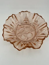 Vintage Pink Depression Glass Ruffle Edge Bowl Fruit Pattern 