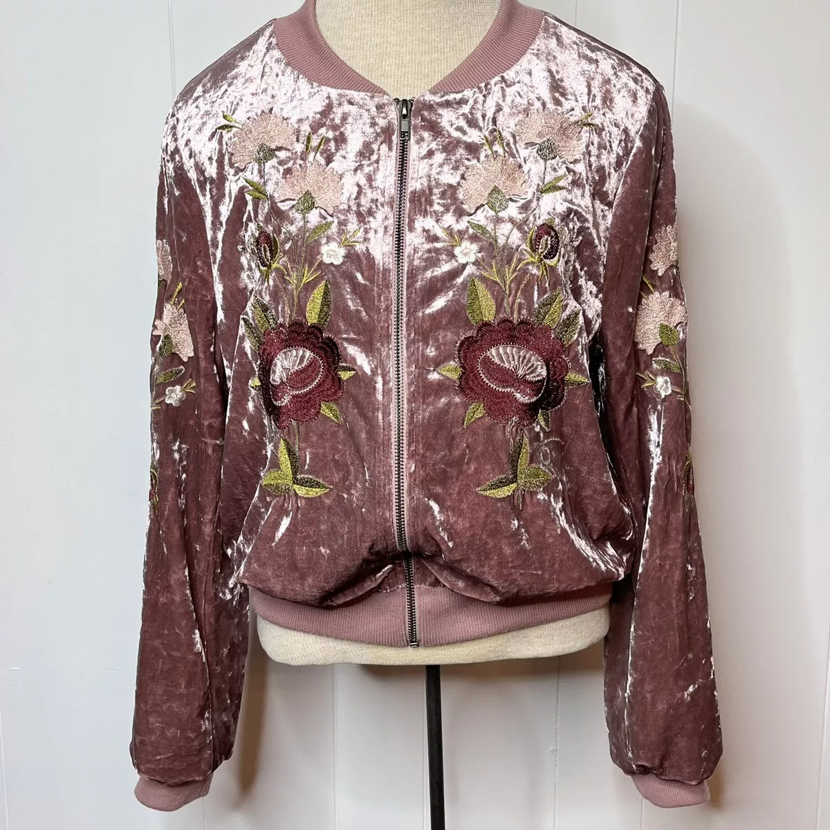 KARLIE Pink Crushed Velvet Bomber jacket Medium Velour Embroidered