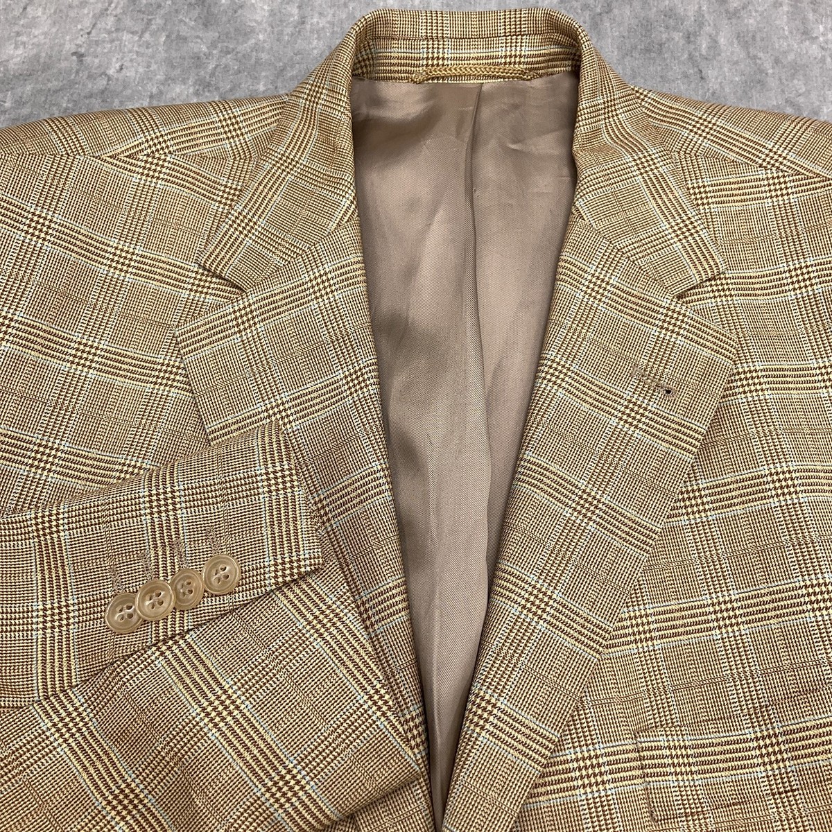 KaDeWe Blazer Men 42 Yellow Tan Glen Plaid Silk Merino Wool KaDeWe Blazer Men 42 Yellow Tan Glen Plaid Silk Merino Wool