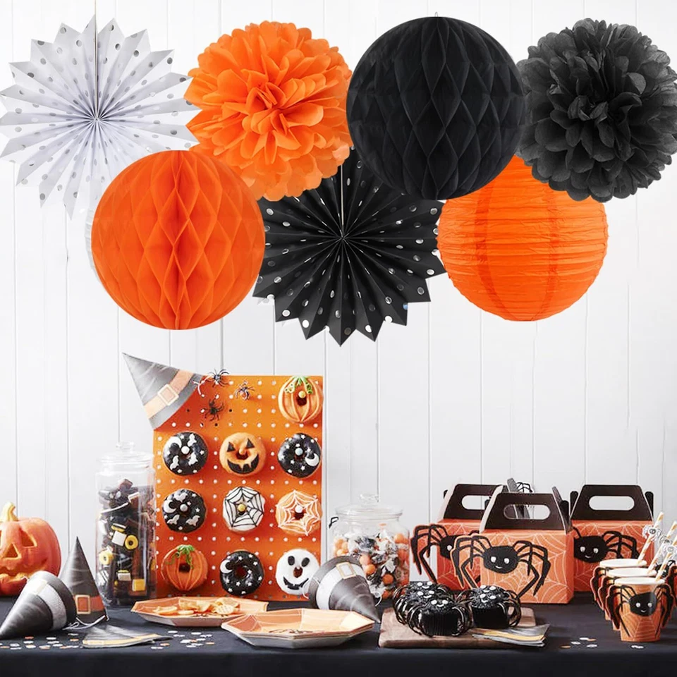 Naranja-Negro Blanco Fiesta-Decoraciones Papel-Flores Linternas - 20 PIEZAS Halloween... Foto 2 de 4