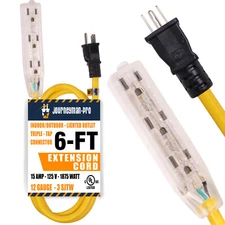 6 Foot Yellow Indoor Outdoor Extension Cord 3-Outlet 6ft feet 6' Short Power