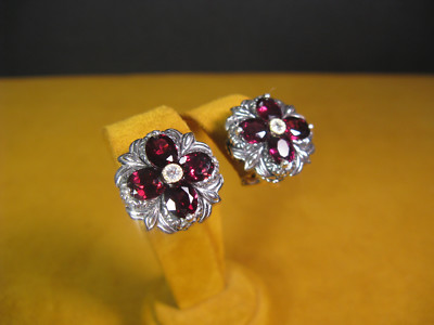 BARBARA BIXBY CLIP ONS RHODOLITE GARNET WHITE TOPAZ FLOWER EARRINGS CLIPS Lotus