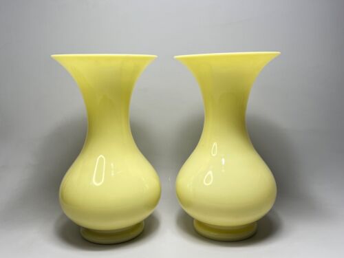 19c. Antike französische Portieux gelbe Opal Vaseline Uranglas Vase Paar 11" - Bild 2 von 12