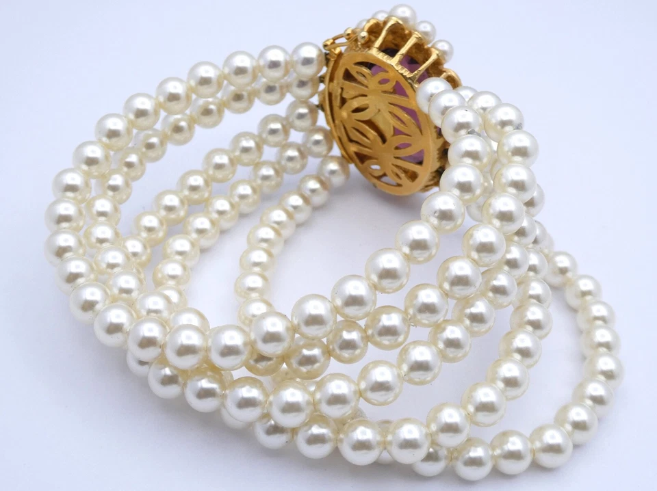 Vintage Damenarmband in Perlenoptik 5-reihig mit Farbstein (länge 20cm) - Bild 4 von 4