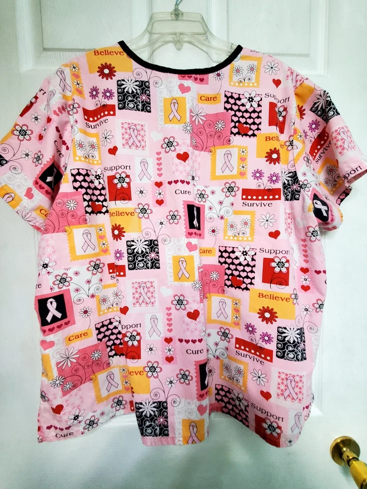 Scrub HQ SCRUB TOP Size 2XL-Pink/Black Floral/CA Ribbon Mock Wrap-Chest 27"/L27" - Image 2 of 4