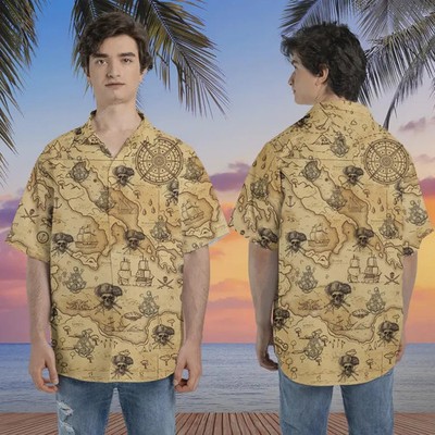 Treasure Map Pirate Skull Vintage Button Up Hawaiian Shirt