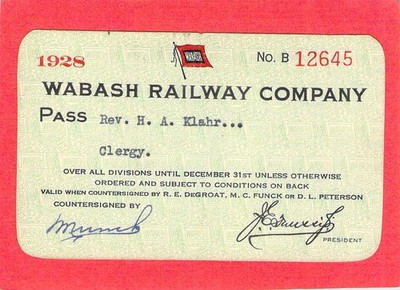 CLERGYMAN CLERICAL REVEREND WABASH 1928 RAILWAY RAILROAD PASS