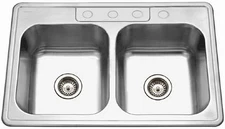 Houzer 3322-9BS4-1 Glowtone Double Bowl Drop-In Stainless Steel Sink 33-22-9