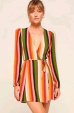 Reformation Polk Rainbow Stripe Colorful Striped Wrap Mini Dress Excellent Sz L